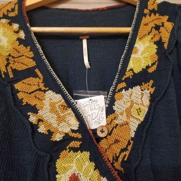 New Free People Rose Red Linen Blend Embroidered Blue - Picture 9 of 16